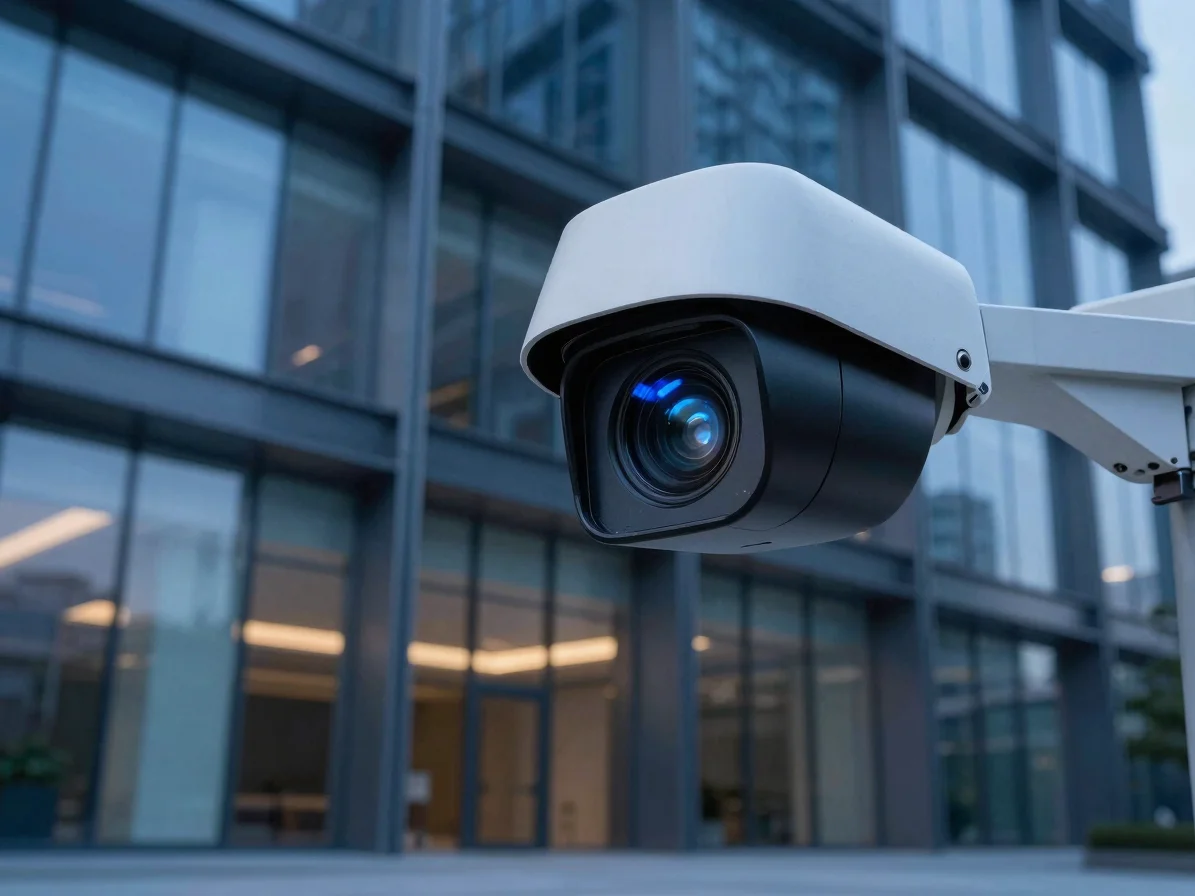 Clean, modern CCTV camera lens with cool blue LED light reflectin