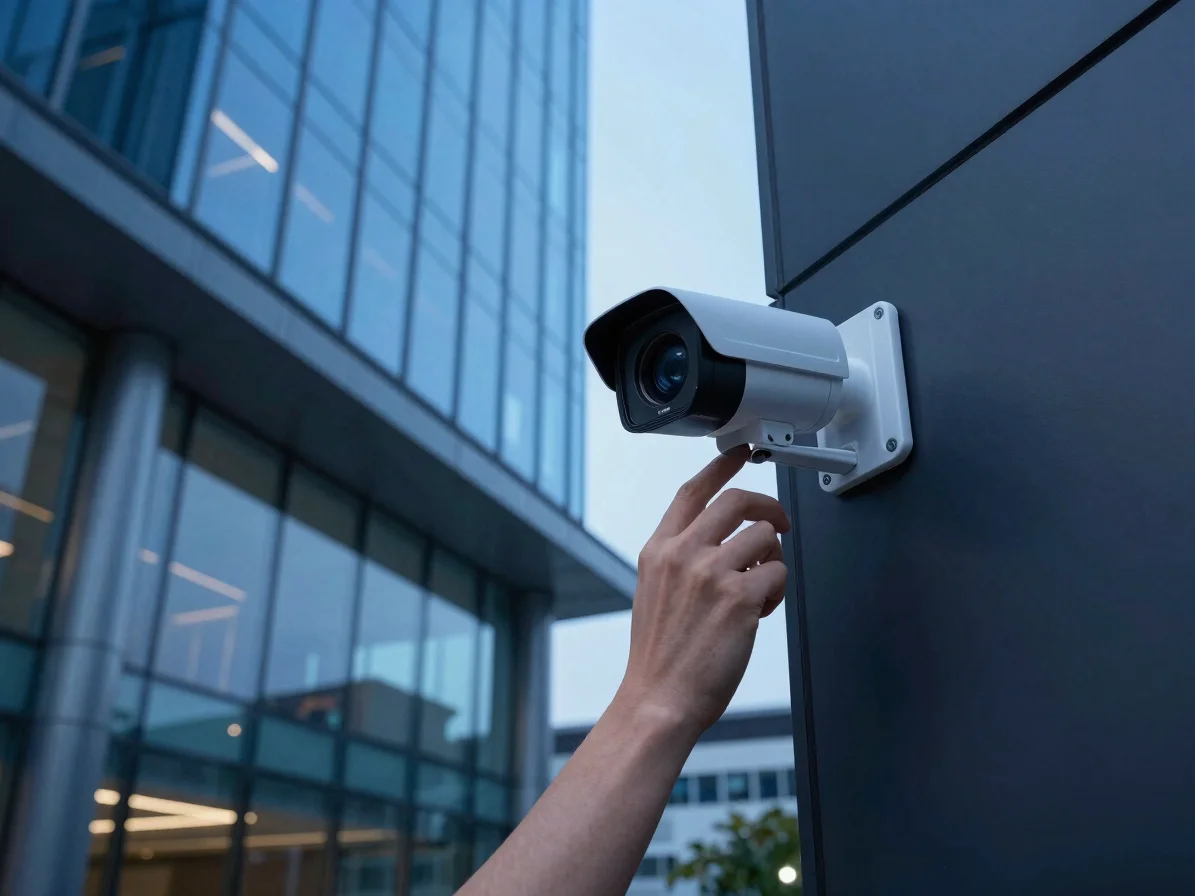 Technician's hand adjusting a CCTV camera on a sleek, dark wall,
