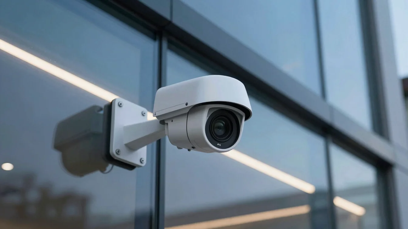 Close-up of a modern, sleek CCTV camera lens mounted cleanly on a
